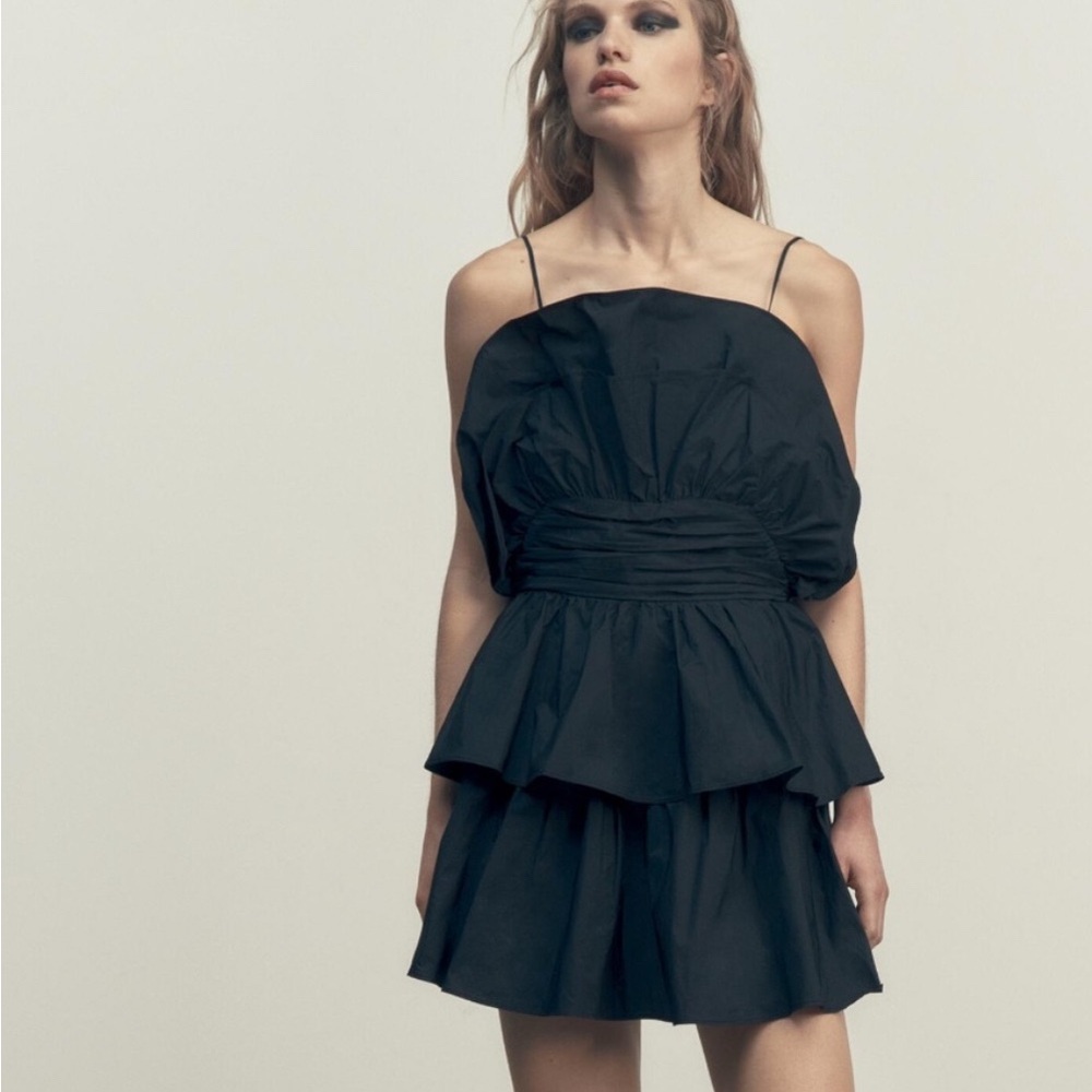NWT ZARA VOLUMINOUS RUFFLED MINI DRESS BLACK XL